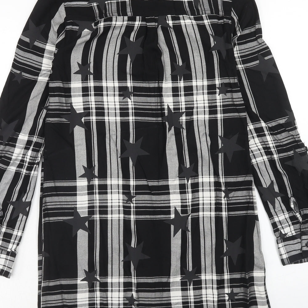 TU Womens Black Plaid Viscose Shirt Dress Size 8 Collared Button - Star Pattern