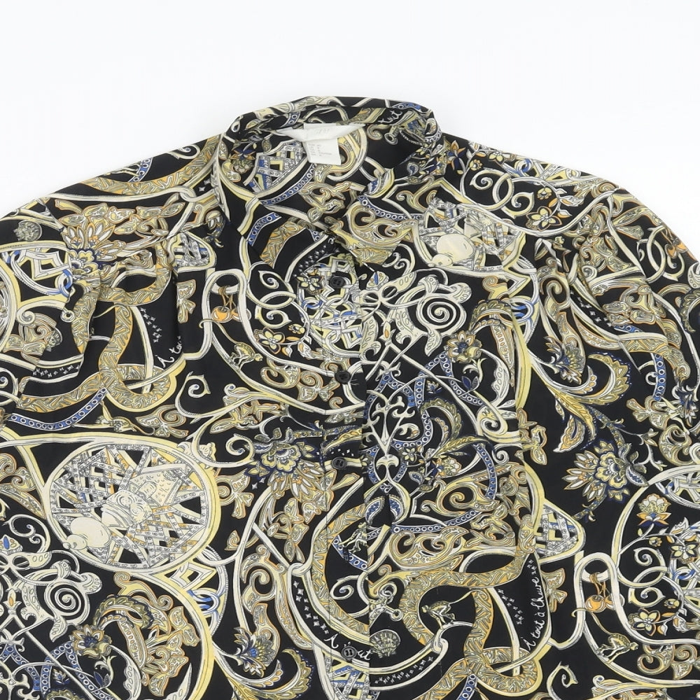 H&M Womens Black Geometric Polyester Basic Button-Up Size 12 Collared