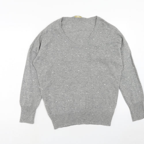 TU Womens Grey V-Neck Acrylic Pullover Jumper Size 12