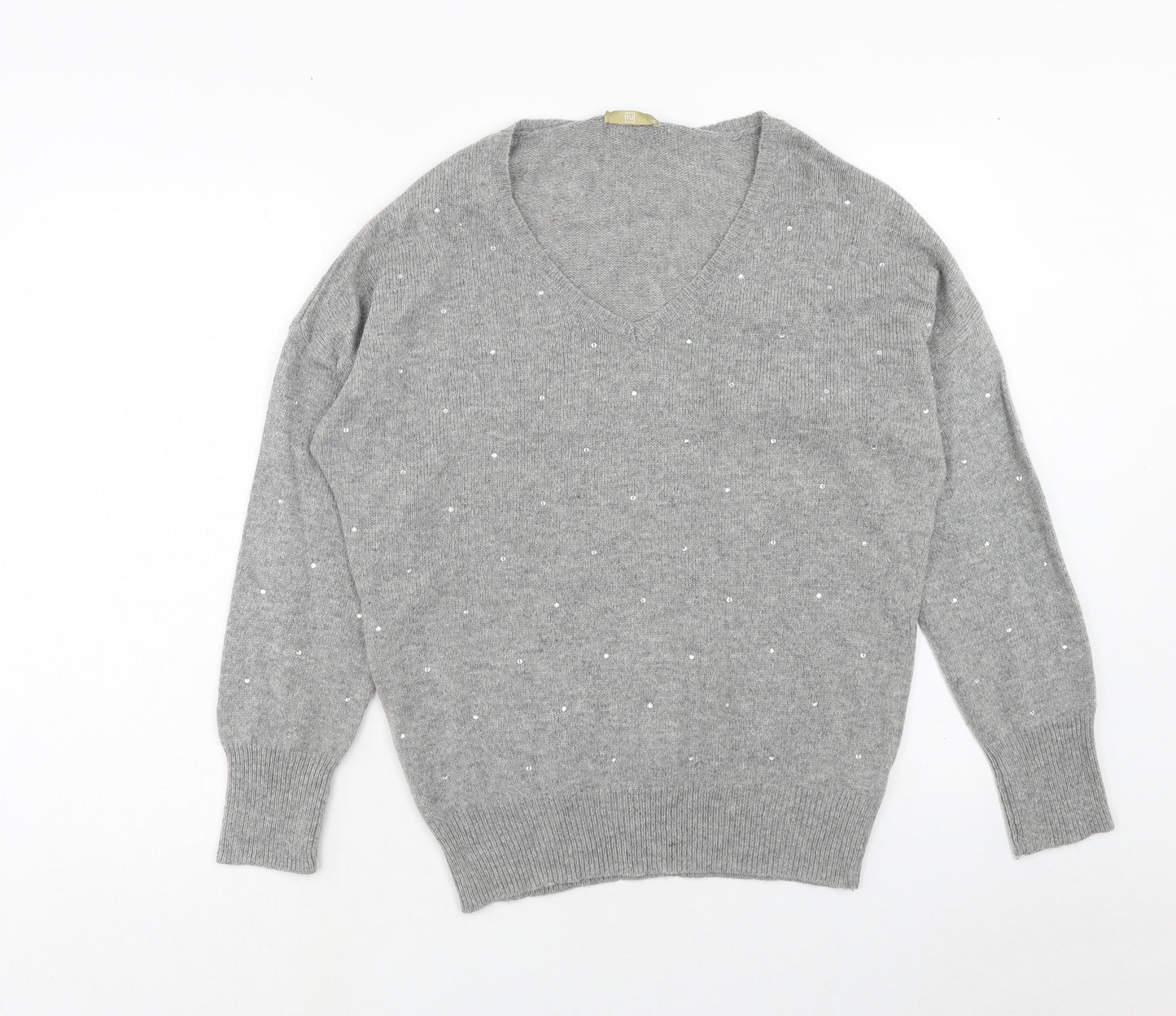 TU Womens Grey V-Neck Acrylic Pullover Jumper Size 12
