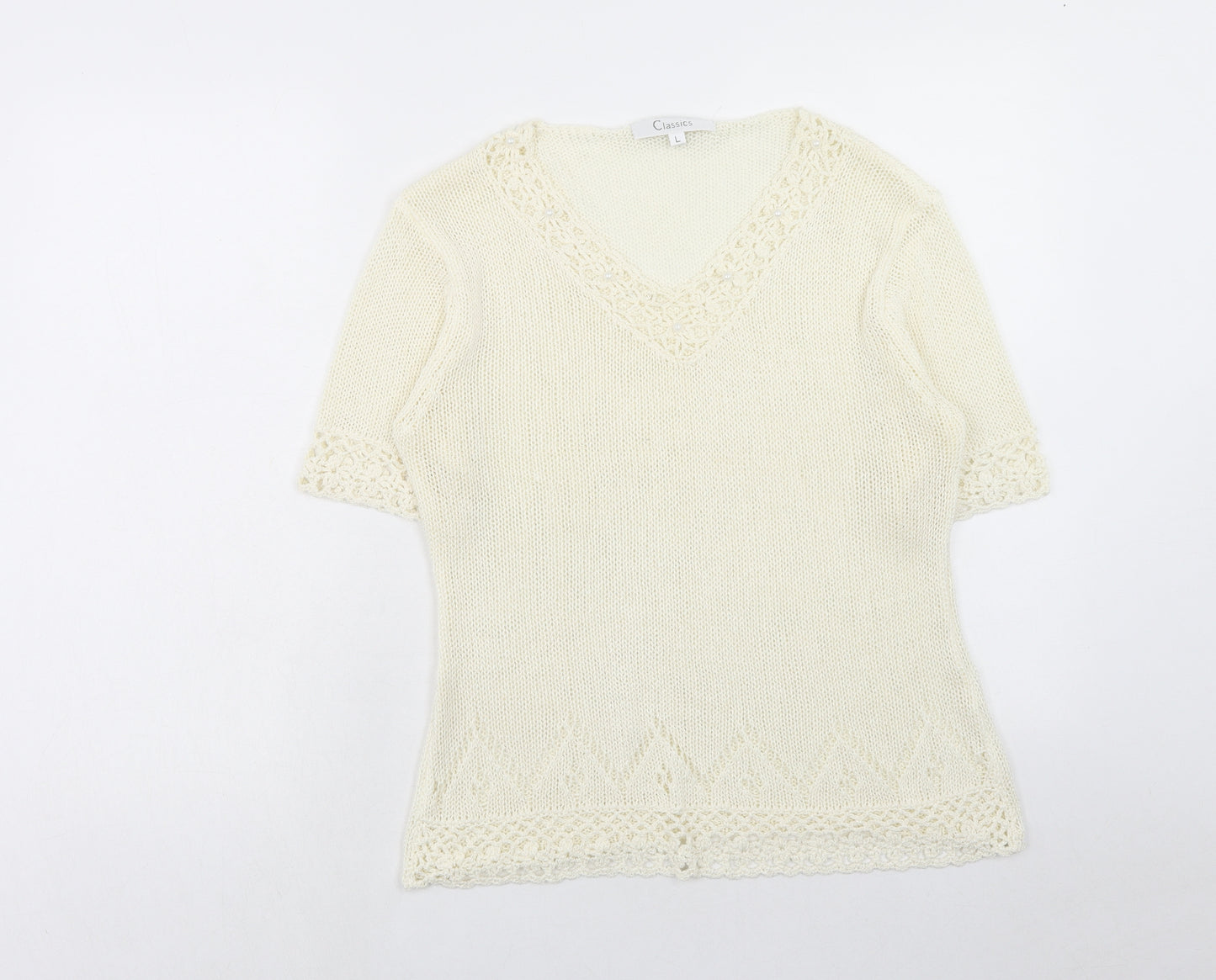 Classics Womens Ivory V-Neck Acrylic Pullover Jumper Size L