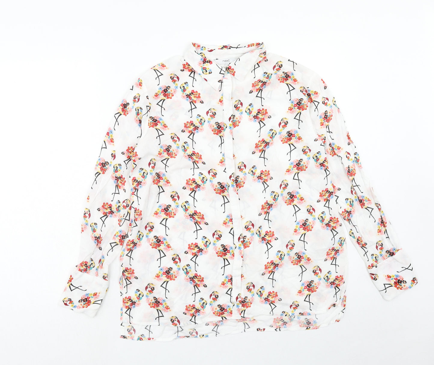 NEXT Womens White Floral Viscose Basic Button-Up Size 14 Collared - Bird Pattern