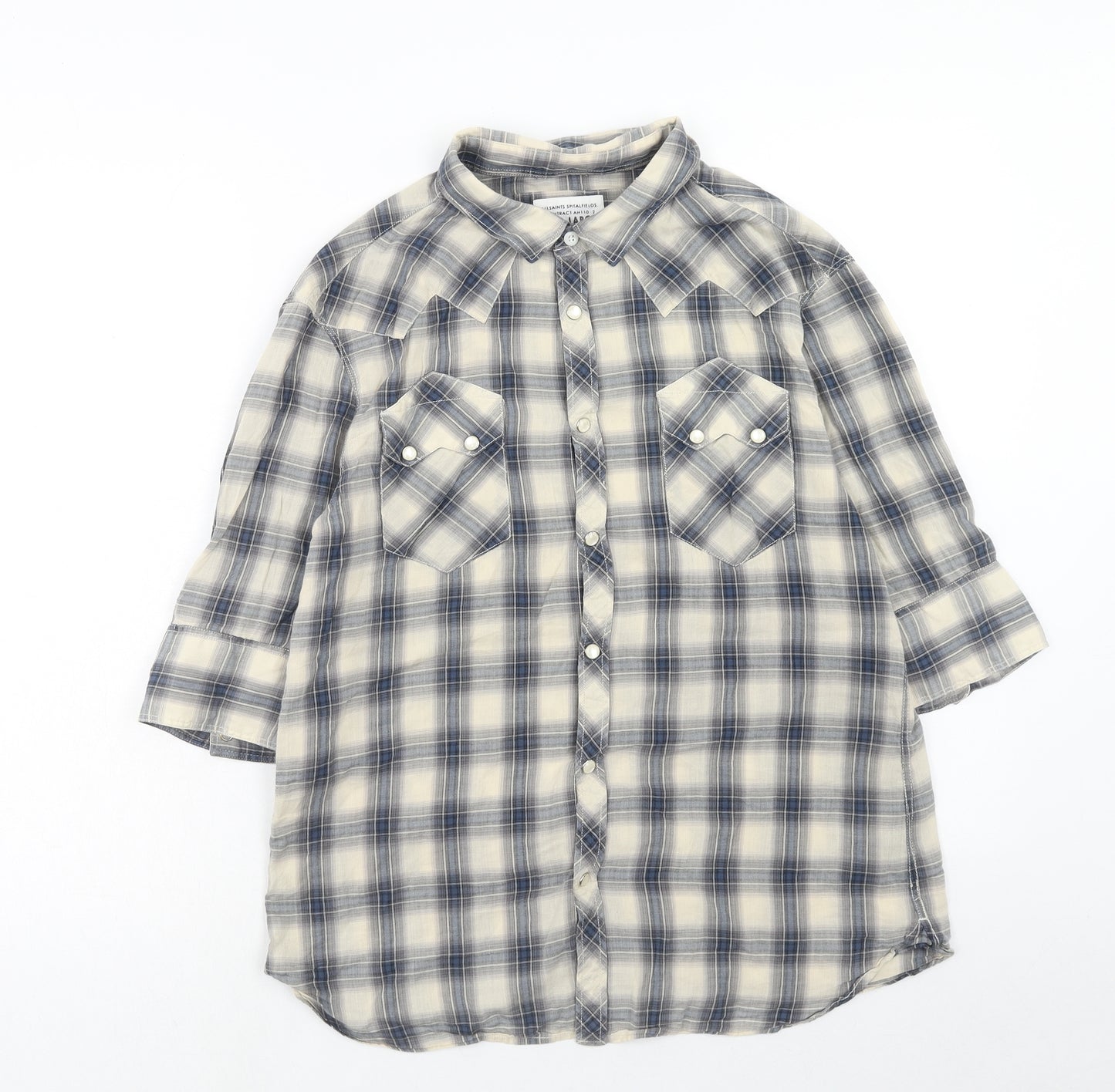 AllSaints Womens Grey Plaid Cotton Basic Button-Up Size L Collared