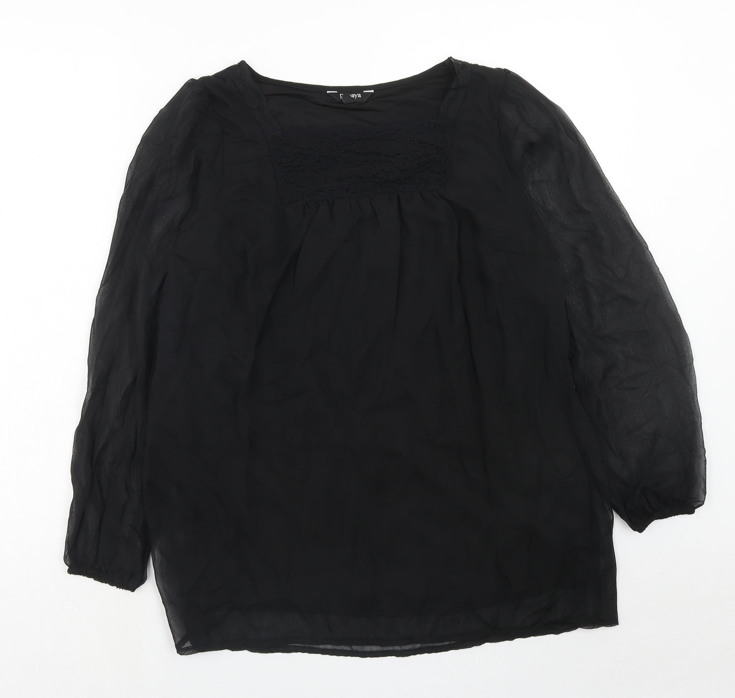 Papaya Womens Black Polyester Basic Blouse Size 14 Square Neck - Sheer Sleeves