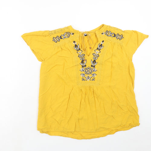 M&Co Womens Yellow Geometric Viscose Basic Blouse Size 16 V-Neck - Lace Detail
