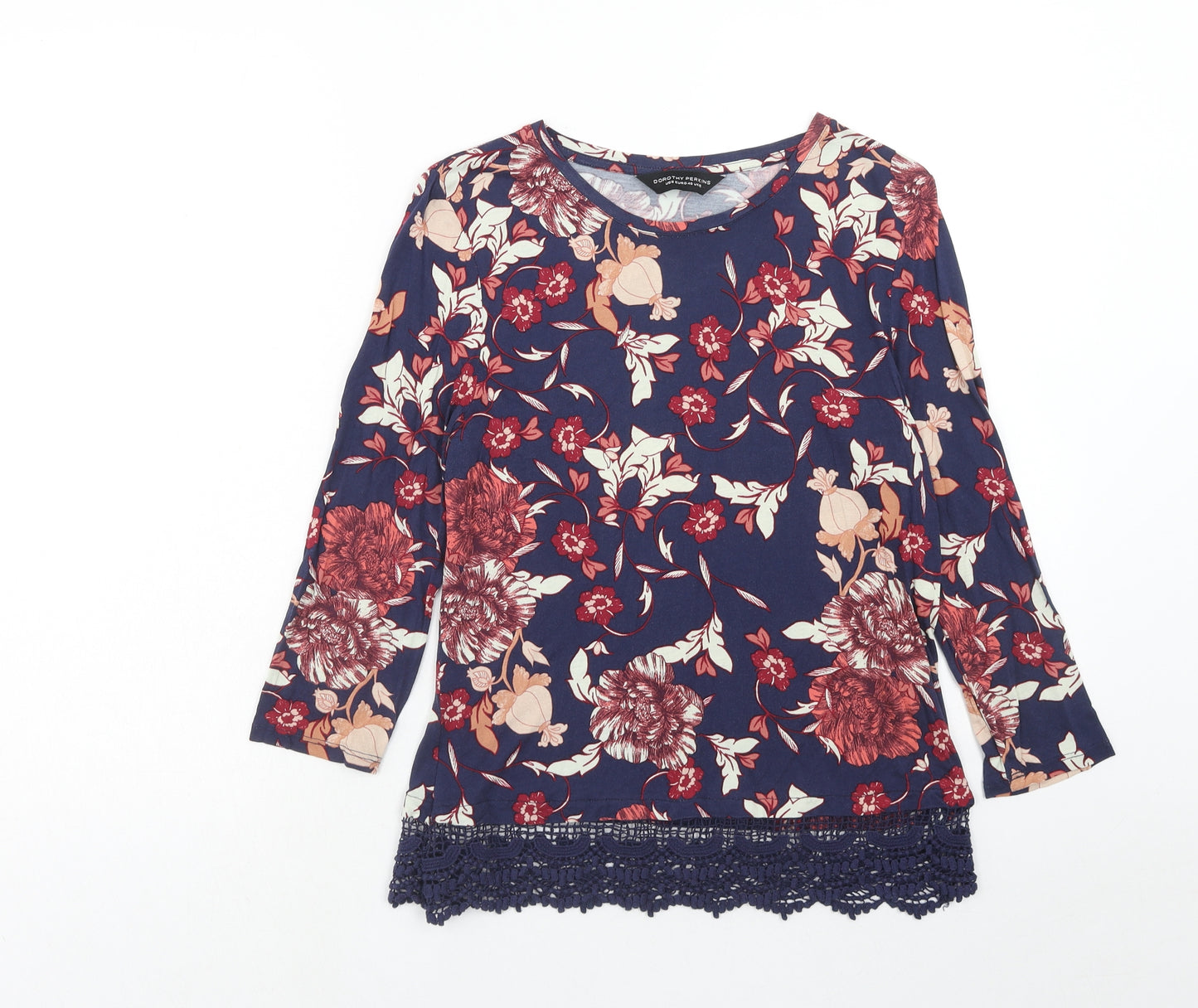 Dorothy Perkins Womens Blue Floral Viscose Basic Blouse Size 14 Boat Neck - Crocheted Lace Detail