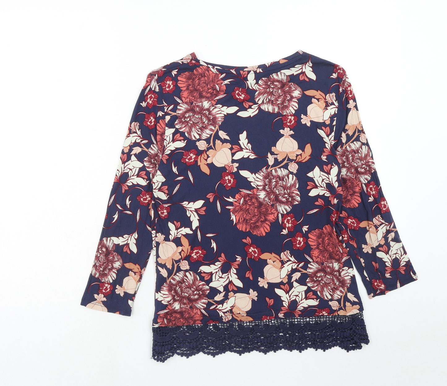 Dorothy Perkins Womens Blue Floral Viscose Basic Blouse Size 14 Boat Neck - Crocheted Lace Detail