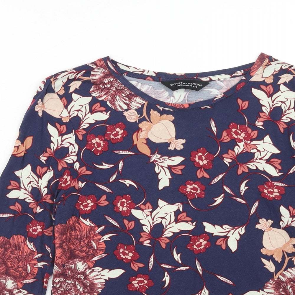 Dorothy Perkins Womens Blue Floral Viscose Basic Blouse Size 14 Boat Neck - Crocheted Lace Detail