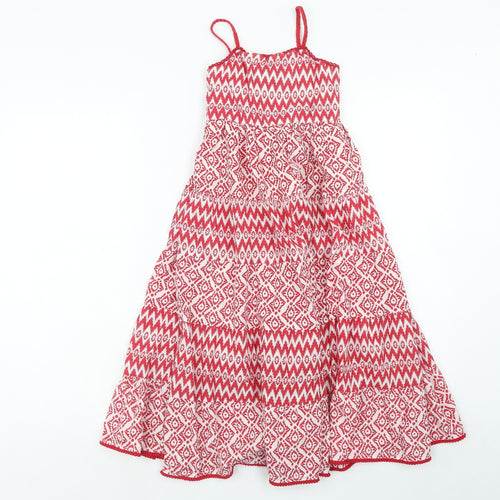 Matalan Girls Red Geometric Cotton A-Line Size 7 Years Square Neck Pullover