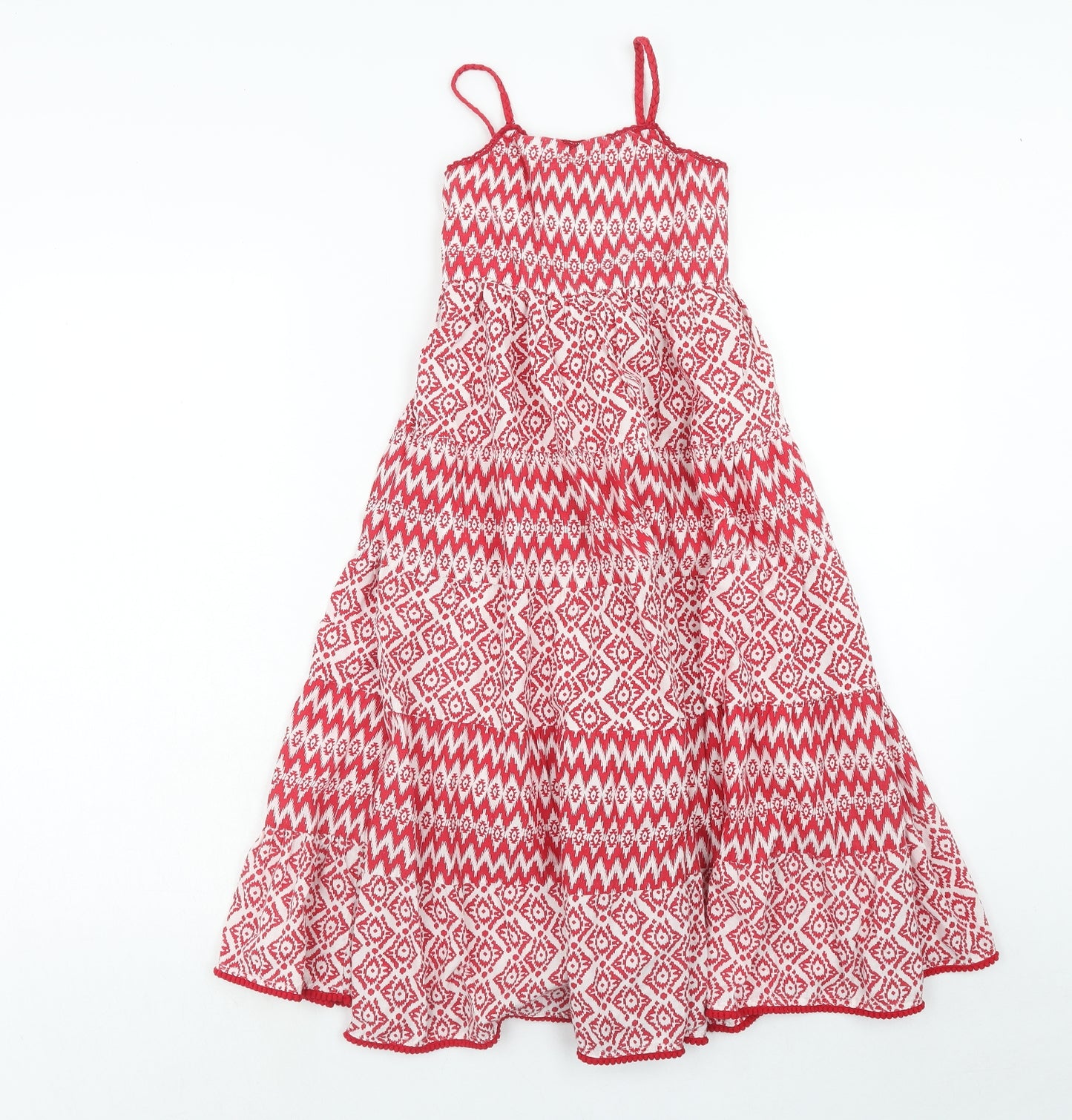 Matalan Girls Red Geometric Cotton A-Line Size 7 Years Square Neck Pullover