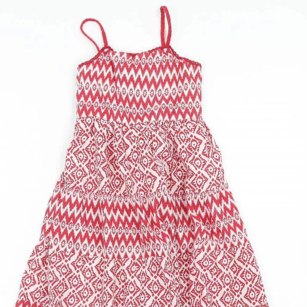 Matalan Girls Red Geometric Cotton A-Line Size 7 Years Square Neck Pullover