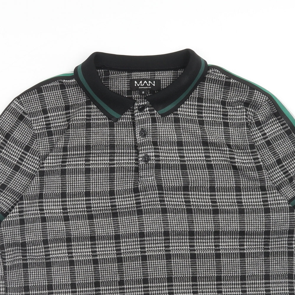 Boohoo Mens Grey Plaid Polyester Polo Size S Collared Button - Side Stripe Detail