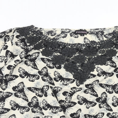 Poised Womens Beige Geometric Polyester Basic Blouse Size 16 Boat Neck - Butterfly Pattern Crocheted Lace Detail