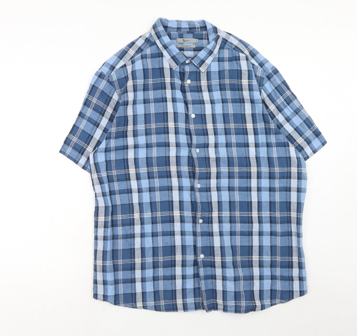 TU Mens Blue Plaid Linen Button-Up Size XL Collared Button