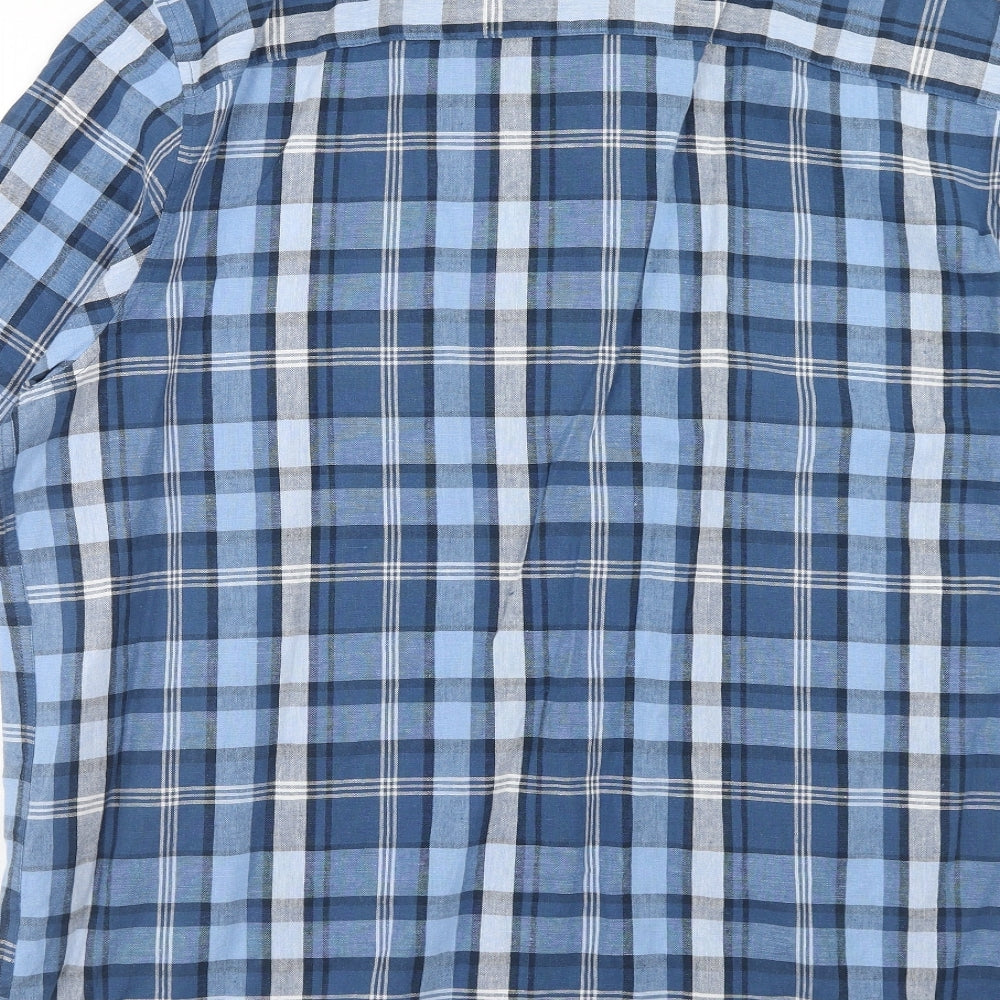 TU Mens Blue Plaid Linen Button-Up Size XL Collared Button