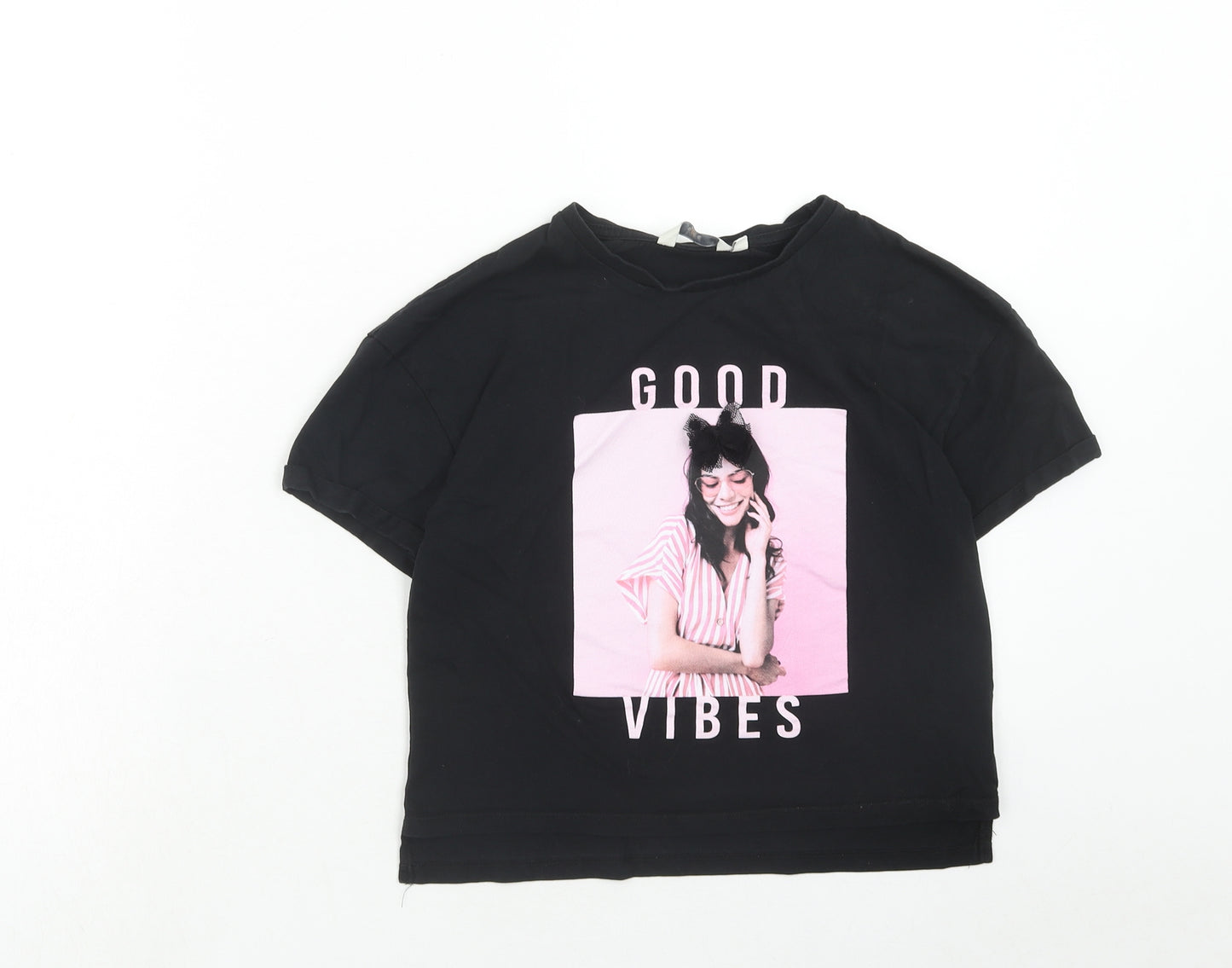 Peacocks Girls Black Cotton Basic T-Shirt Size 9-10 Years Round Neck Pullover - Good Vibes