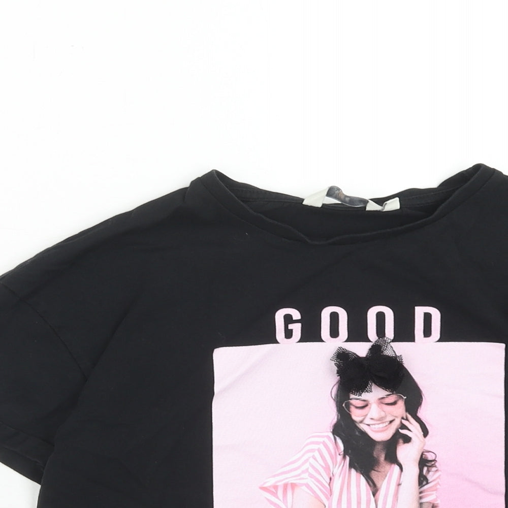 Peacocks Girls Black Cotton Basic T-Shirt Size 9-10 Years Round Neck Pullover - Good Vibes