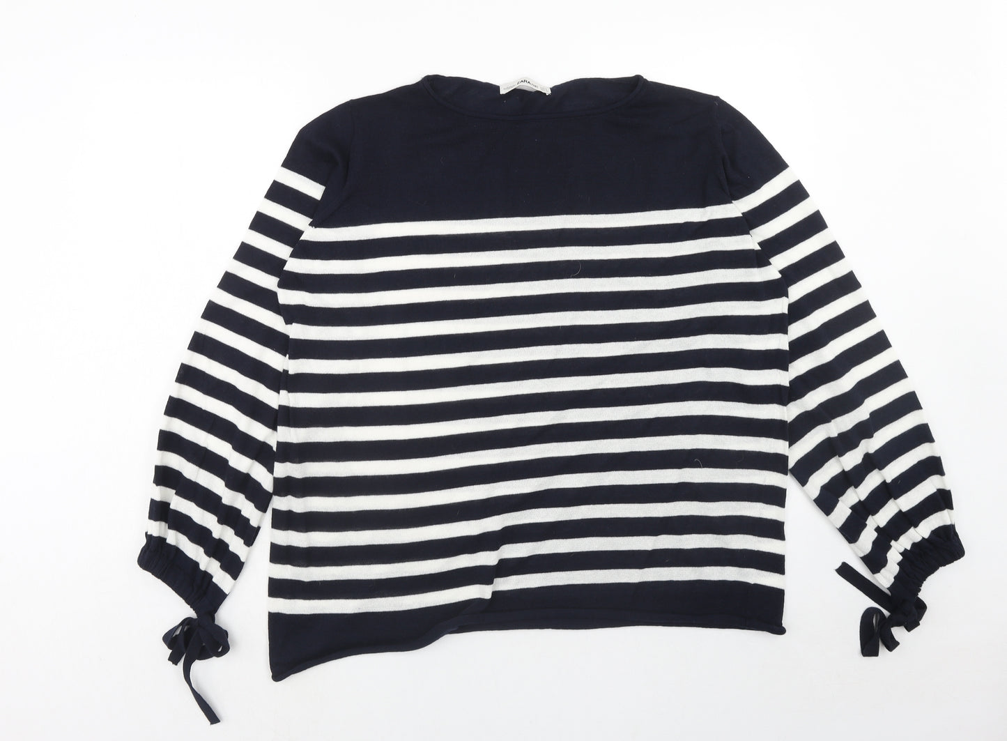 Zara Womens Blue Boat Neck Striped Acrylic Pullover Jumper Size S - Tie Sleeve Detail