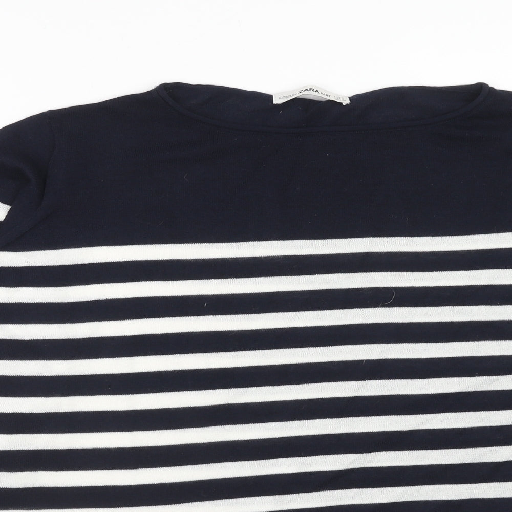 Zara Womens Blue Boat Neck Striped Acrylic Pullover Jumper Size S - Tie Sleeve Detail