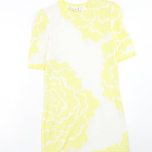 Media Womens Yellow Geometric Acrylic T-Shirt Dress Size 10 Roll Neck Button