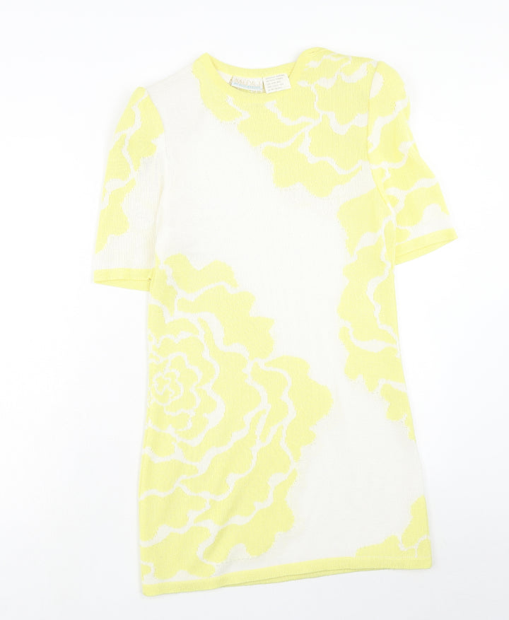 Media Womens Yellow Geometric Acrylic T-Shirt Dress Size 10 Roll Neck Button
