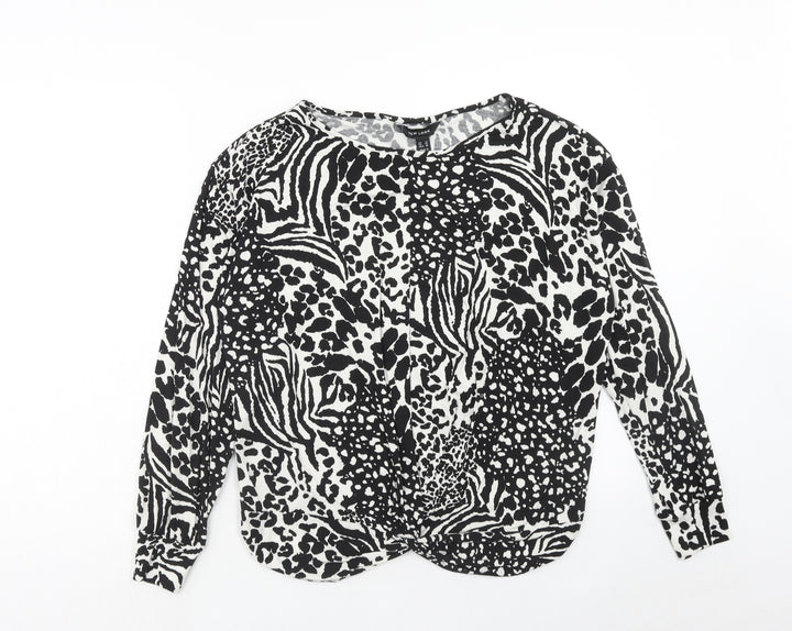 New Look Womens Black Animal Print Viscose Basic Blouse Size 14 Boat Neck