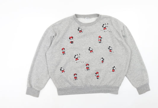 Front view of Primark women’s grey cotton pullover sweatshirt, size M, pullover - mickey and minnie mouse, size UK 12-14