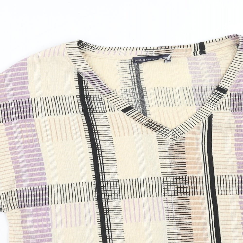 Marks and Spencer Womens Multicoloured Plaid Polyester Basic T-Shirt Size 8 V-Neck