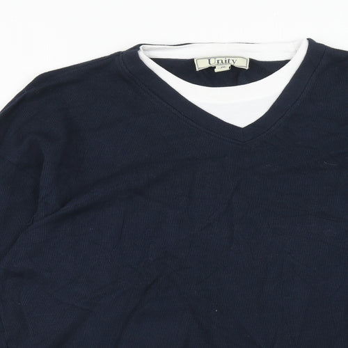 Unity Mens Blue V-Neck Cotton Pullover Jumper Size M Long Sleeve