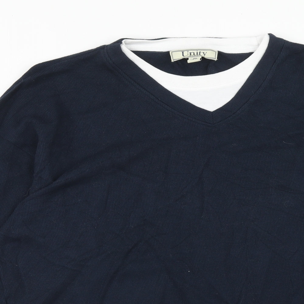Unity Mens Blue V-Neck Cotton Pullover Jumper Size M Long Sleeve