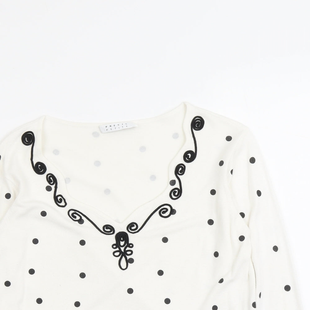 Precis Womens White V-Neck Polka Dot Viscose Pullover Jumper Size S