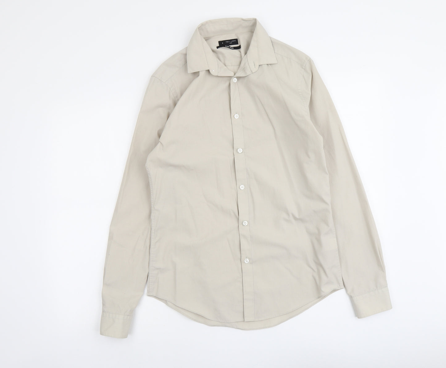 New Look Mens Beige Polyester Button-Up Size S Collared Button