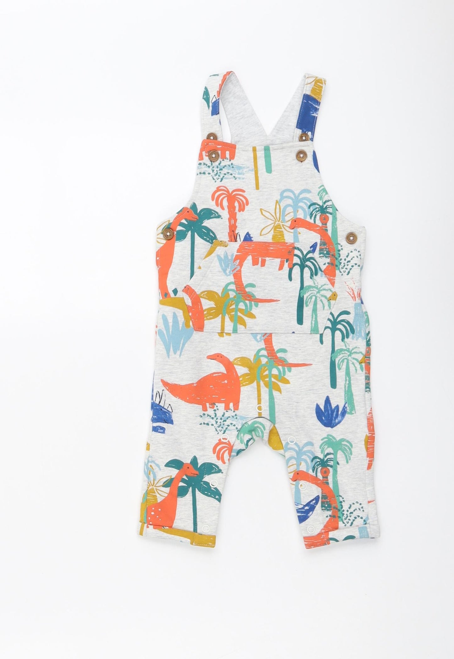 Marks and Spencer Boys Grey Geometric Cotton Dungaree One-Piece Size 3-6 Months Snap - Dinosaur
