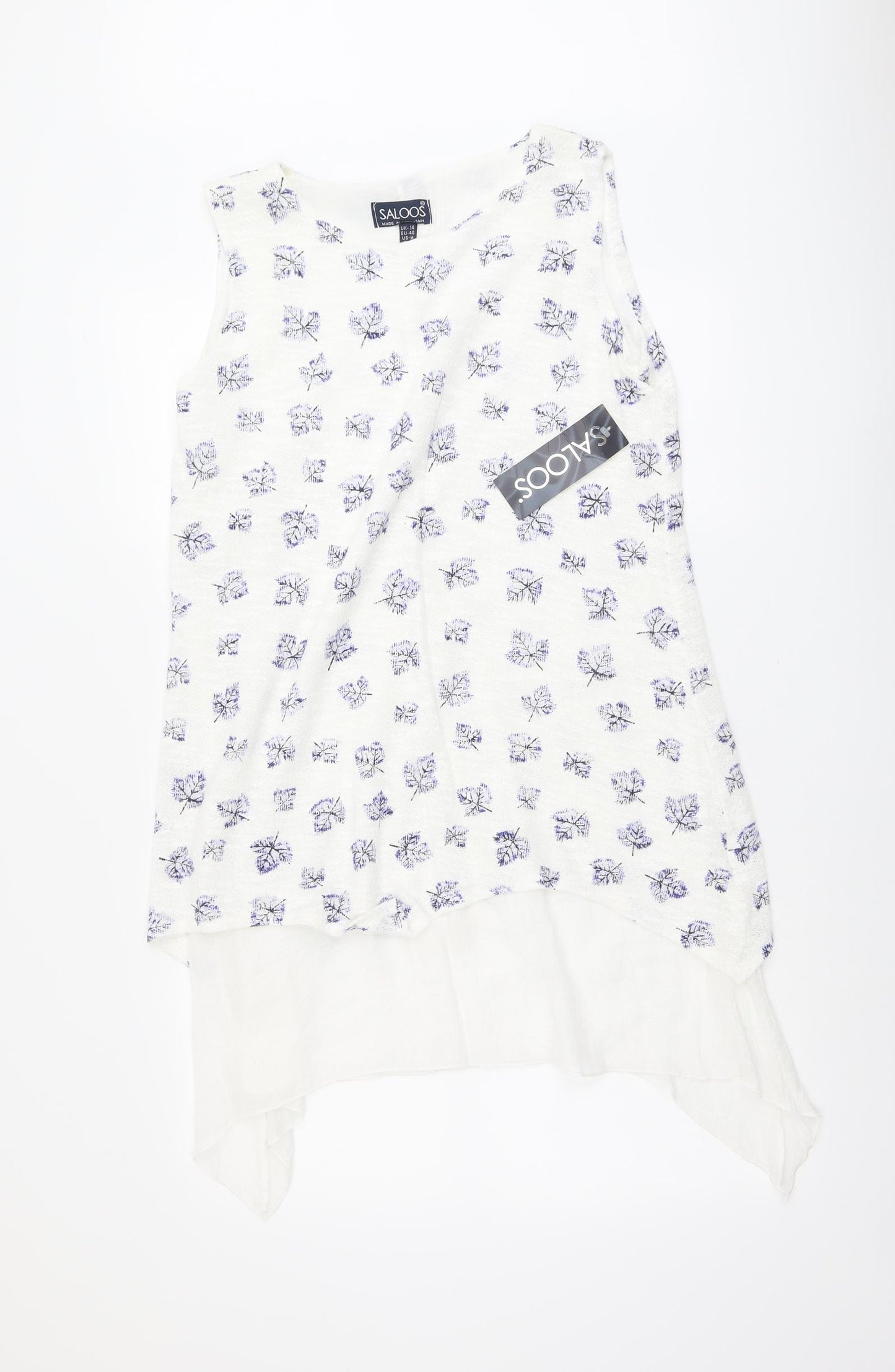 Saloos Womens White Geometric Polyester A-Line Size 14 Round Neck Pullover - Leaf Print