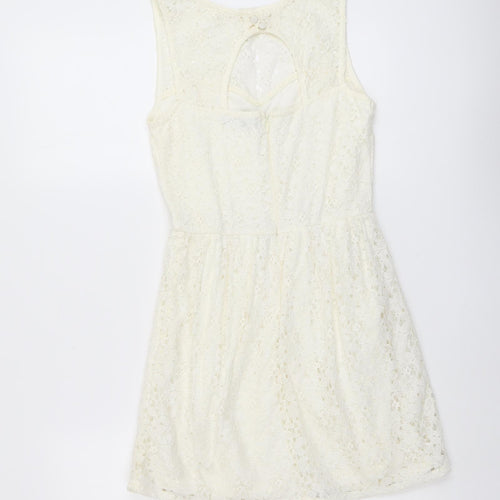 Jane Norman Womens Ivory Floral Cotton A-Line Size 6 Round Neck Button