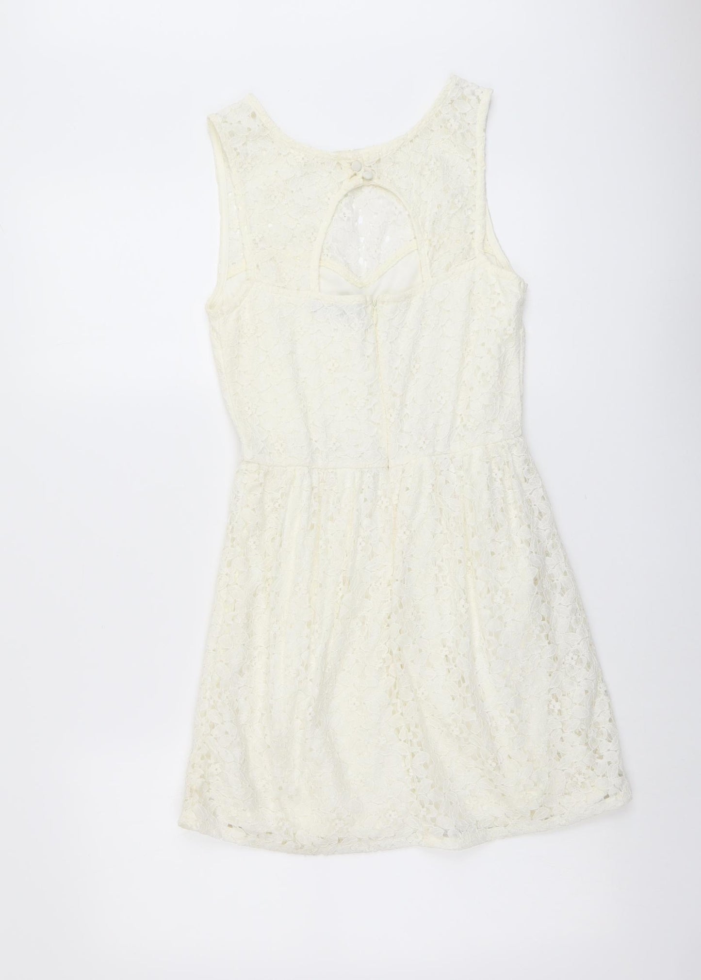 Jane Norman Womens Ivory Floral Cotton A-Line Size 6 Round Neck Button