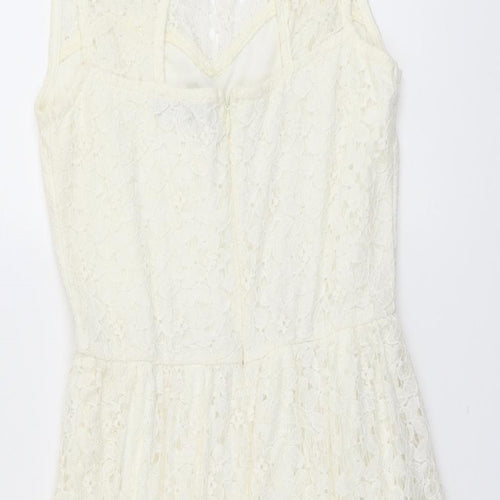 Jane Norman Womens Ivory Floral Cotton A-Line Size 6 Round Neck Button