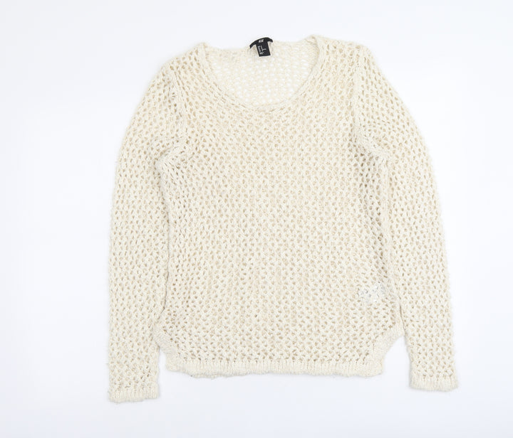 H&M Womens Ivory Round Neck Acrylic Pullover Jumper Size M