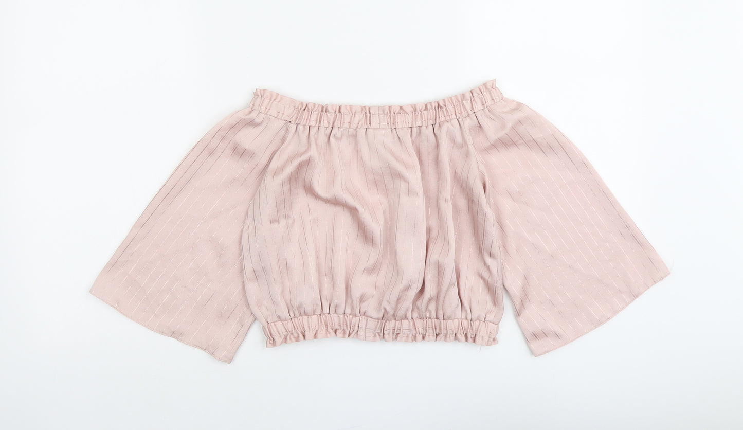 River Island Girls Pink Striped Polyester Cropped Tank Size 7-8 Years Off the Shoulder Pullover