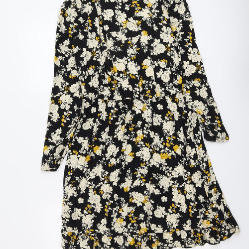NEXT Womens Black Floral Viscose A-Line Size 6 Round Neck Button