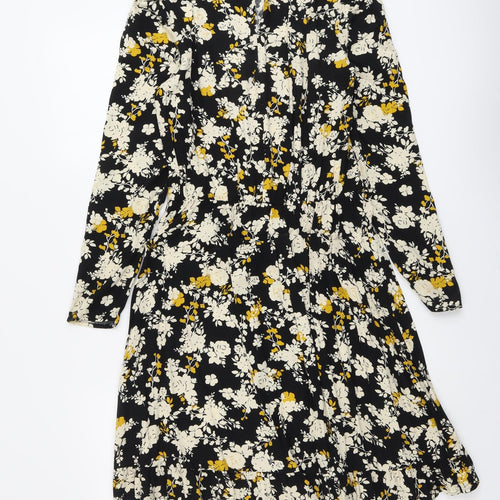 NEXT Womens Black Floral Viscose A-Line Size 6 Round Neck Button