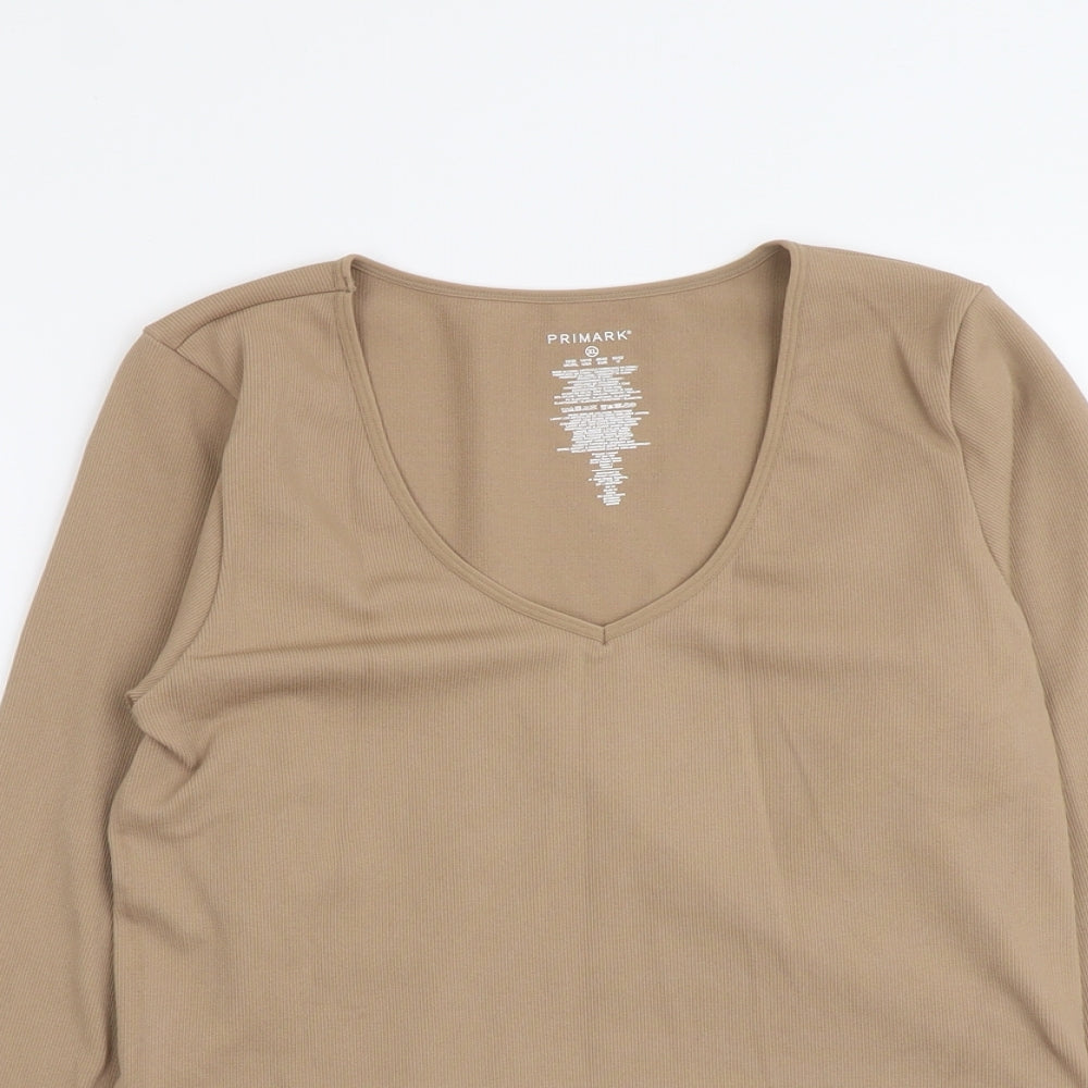 Primark Womens Beige Nylon Cropped T-Shirt Size XL V-Neck