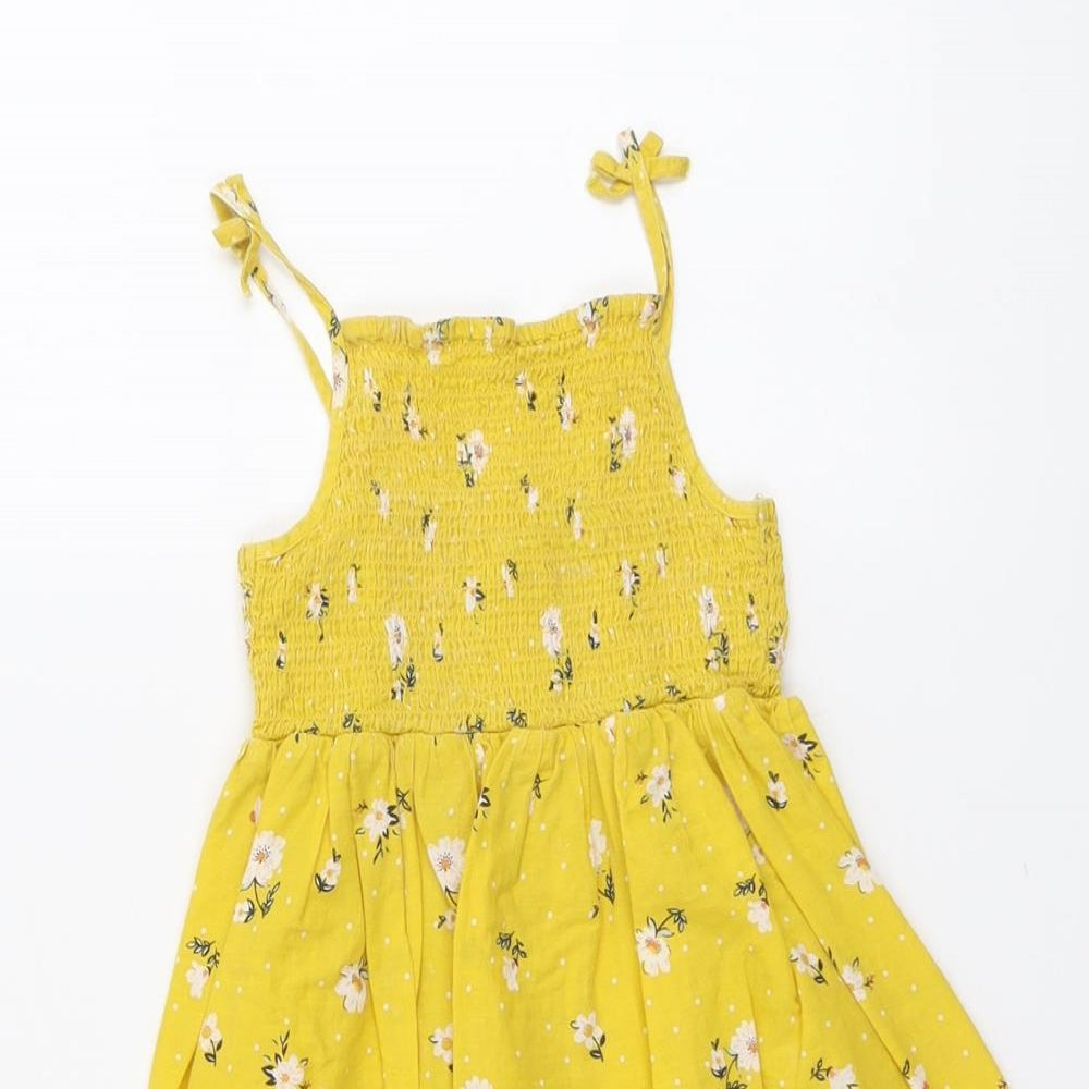 Primark Girls Yellow Floral Cotton A-Line Size 3-4 Years Square Neck Pullover