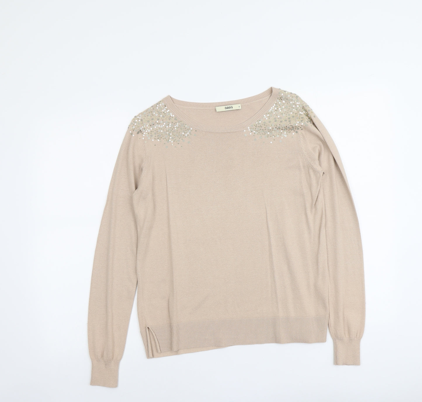 Oasis Womens Beige Round Neck Cotton Pullover Jumper Size M