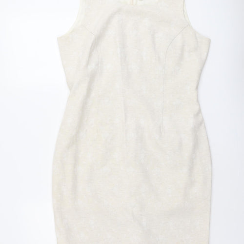 Yessica Womens Beige Geometric Polyester Pencil Dress Size 16 Round Neck Zip