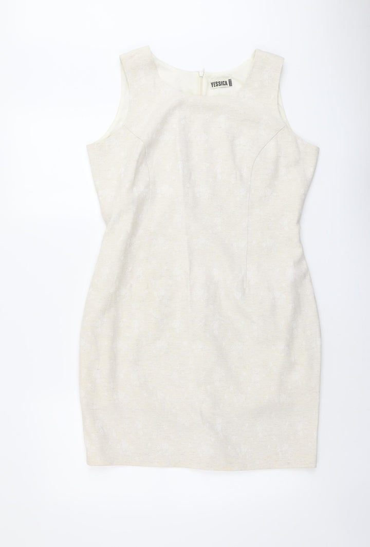 Yessica Womens Beige Geometric Polyester Pencil Dress Size 16 Round Neck Zip