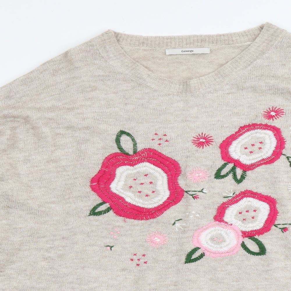 George Womens Beige Round Neck Acrylic Pullover Jumper Size 16 - Flower