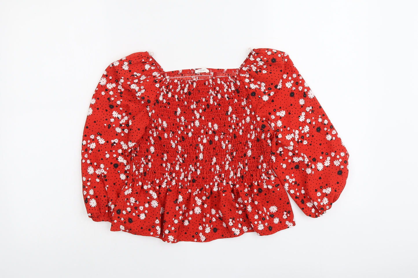 NEXT Girls Red Floral Polyester Basic Blouse Size 9 Years Square Neck Pullover