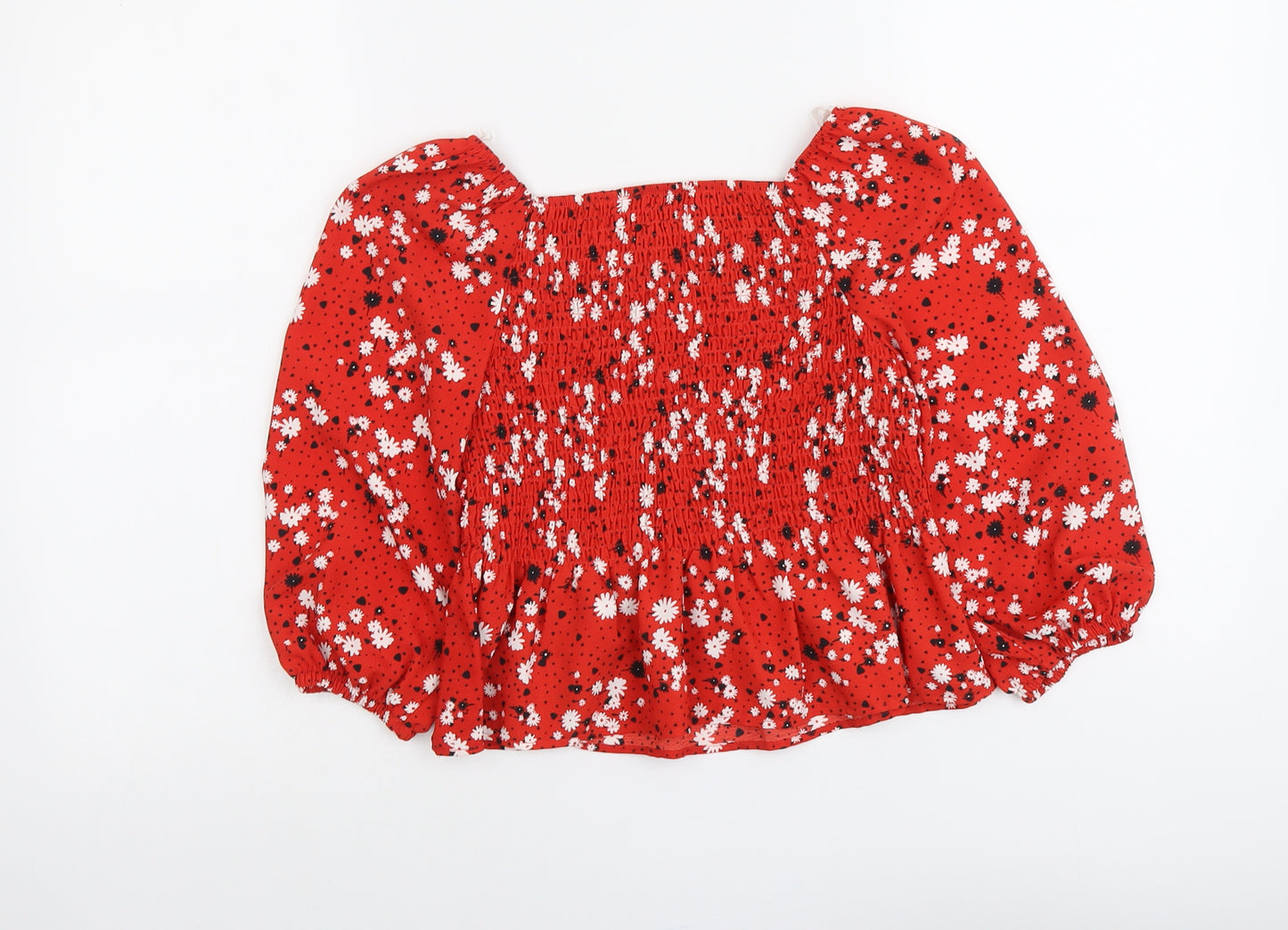 NEXT Girls Red Floral Polyester Basic Blouse Size 9 Years Square Neck Pullover