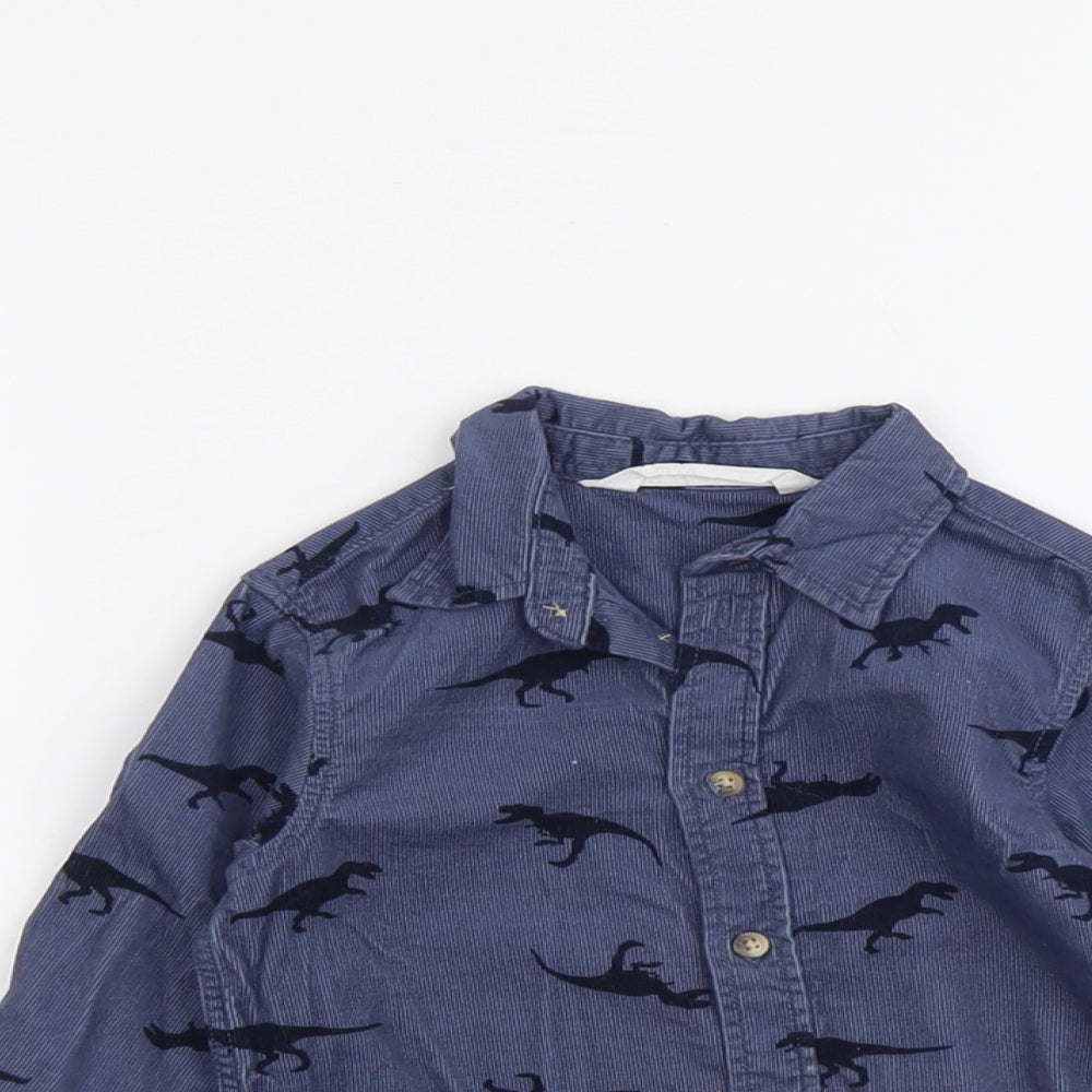 H&M Boys Blue Geometric Cotton Basic Button-Up Size 2 Years Collared Button - Dinosaur Print